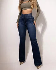 50% OFF - Calça Jeans Skinny Flare com Cós Elástico