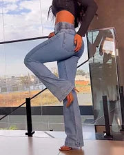 50% OFF - Calça Jeans Skinny Flare com Cós Elástico