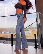50% OFF - Calça Jeans Skinny Flare com Cós Elástico