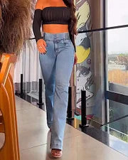 50% OFF - Calça Jeans Skinny Flare com Cós Elástico