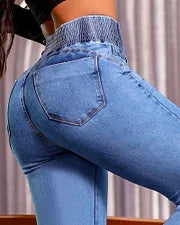 50% OFF - Calça Jeans Skinny Flare com Cós Elástico