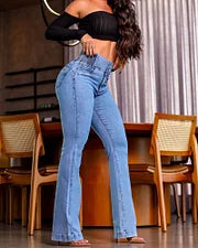 50% OFF - Calça Jeans Skinny Flare com Cós Elástico
